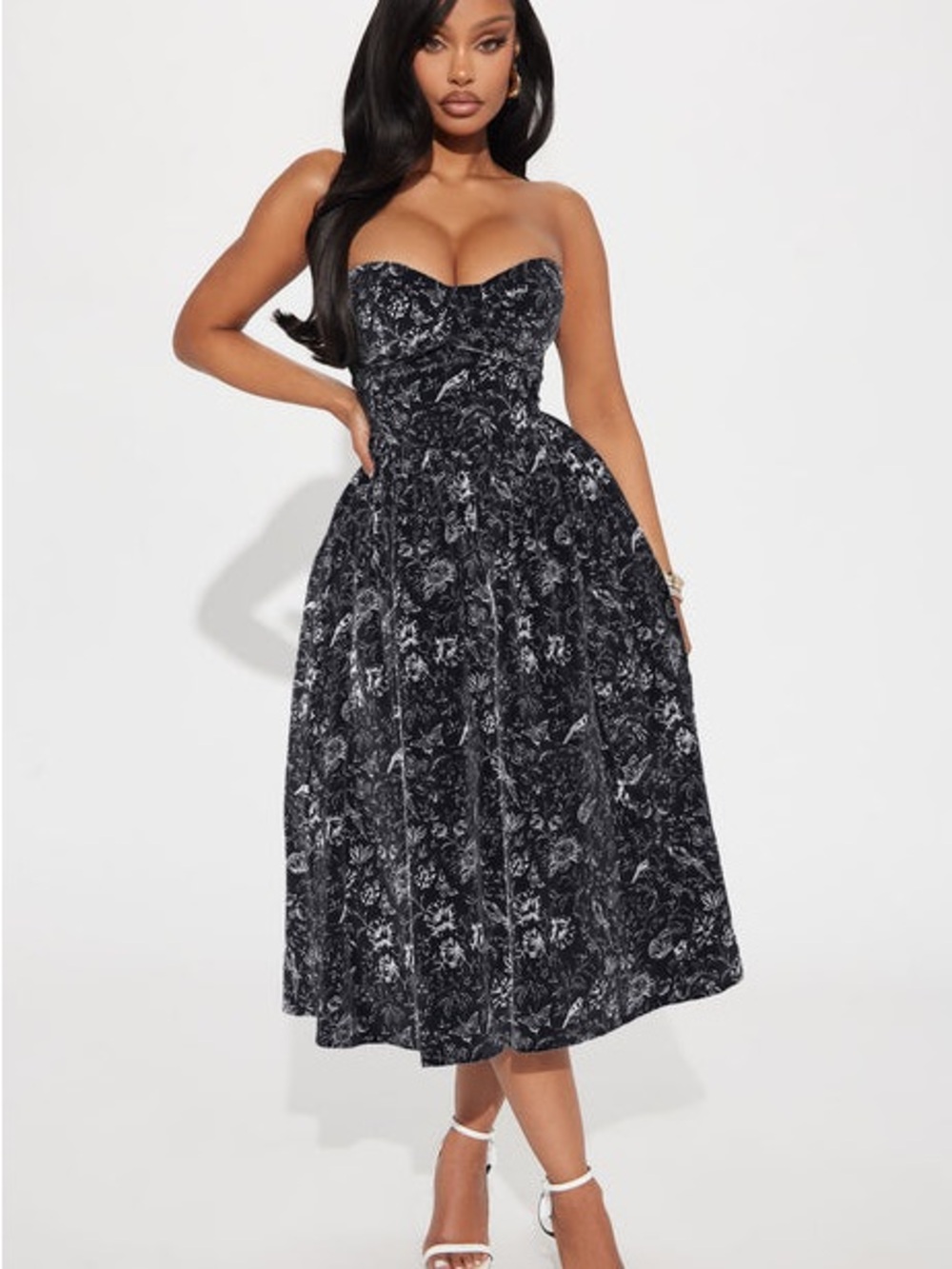 Fashion Nova Strapless Black Floral Midi Dress